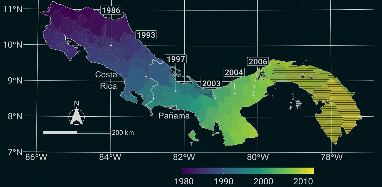 Karte von Costa Rica und Panama mit Jahresangaben und farbiger Zeitverlauf-Darstellung.